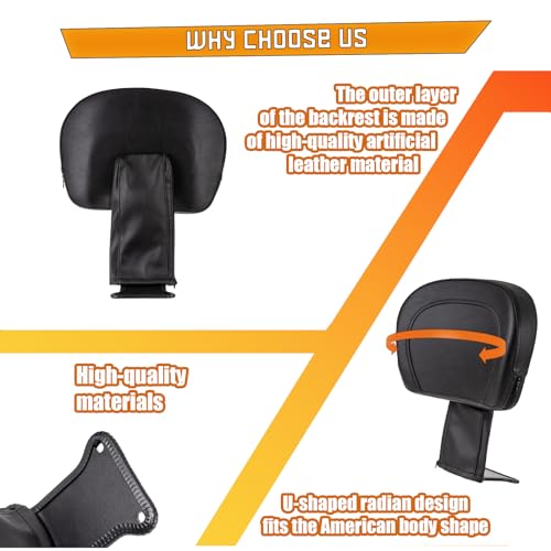 Kinglemc Adjustable Foldable Driver Backrest for Honda Shadow ACE 1100 VT 1100 1995-01; Honda VTX 1300 R 1300R 2004-20; Honda VTX 1800 N 1800N 2005-20 (Black,Non-Studded)