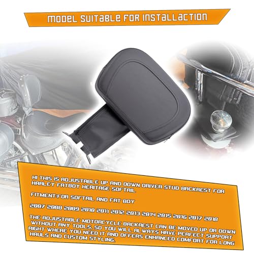 Kinglemc Adjustable Driver Rider Touring Backrest for Harley Fatboy Heritage Softail Classic FLSTC 07-2020 (Black-Nod-Studded)