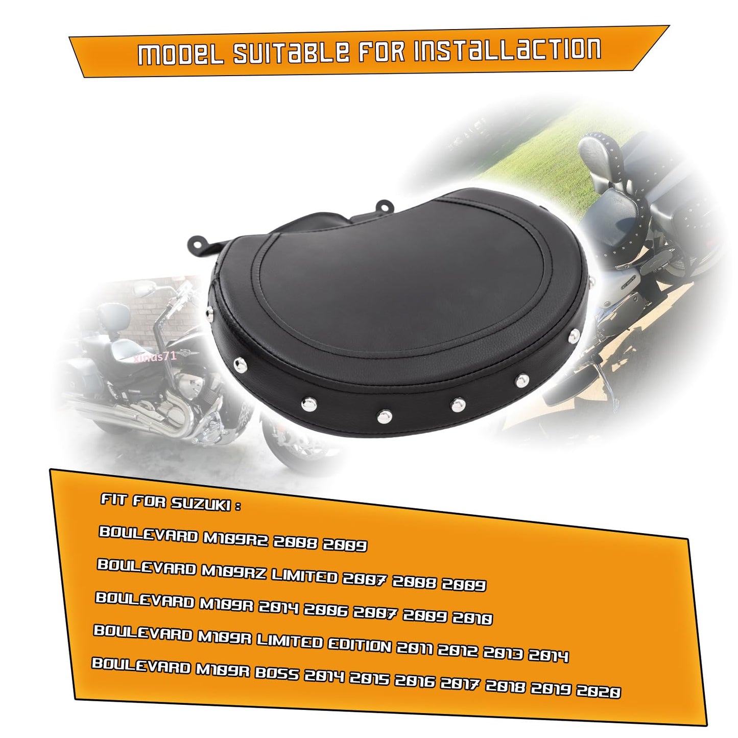 Kinglemc Adjustable Driver Rider Touring Backrest for Suzuki Boulevard M109R 2006-2019 (Black-Studded)