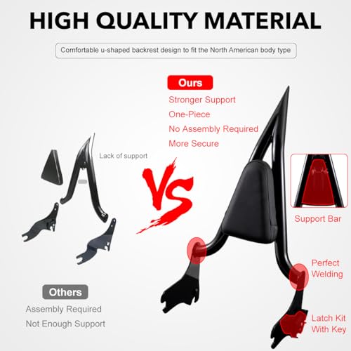 Gamyipp Adjustable One-Piece Sissy Bar Passenger Backrest with Lock for Harley Touring Road King Street Glide Road Glide Electra Glide CVO FLHR FLHX FLHT FLTR (Black, Fit for 1997-2008 Touring)