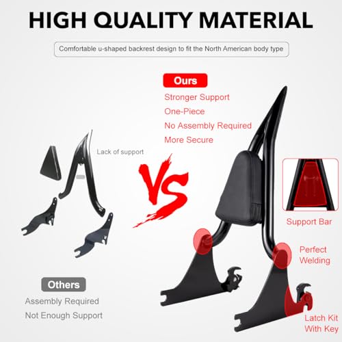 Gamyipp Adjustable One-Piece Sissy Bar Passenger Backrest with Lock for Harley Softail Deluxe FatBoy 2000-2017 (One-Piece-Black)