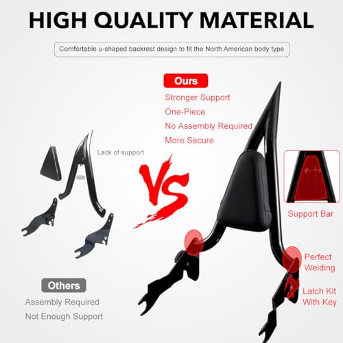 Gamyipp Adjustable One-Piece Sissy Bar Passenger Backrest with Lock for Harley Touring Road King Street Glide Road Glide Electra Glide CVO FLHR FLHX FLHT FLTR (Black, Fit for 2009-2023 Touring)