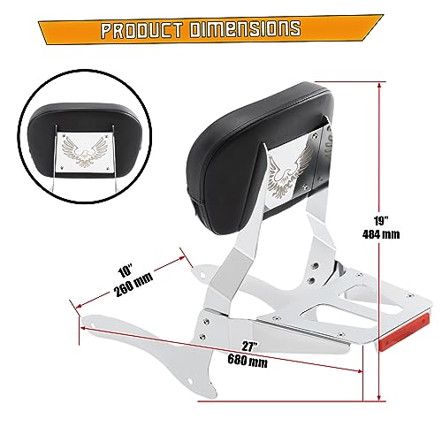 Kinglemc Powersports Sissy Bar with Backrest Luggage Rack for Yamaha Vstar 1100 XVS 1100 Classic Custom 1998 to 2016(Silver,Non-Studded)