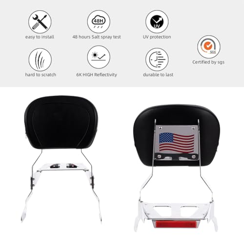 Gamyipp Powersports Sissy Bar with Backrest Flag Pattern Luggage Rack for Kawasaki Vulcan VN 1600 VN1600 Mean Streak Classic Nomad (Silver)