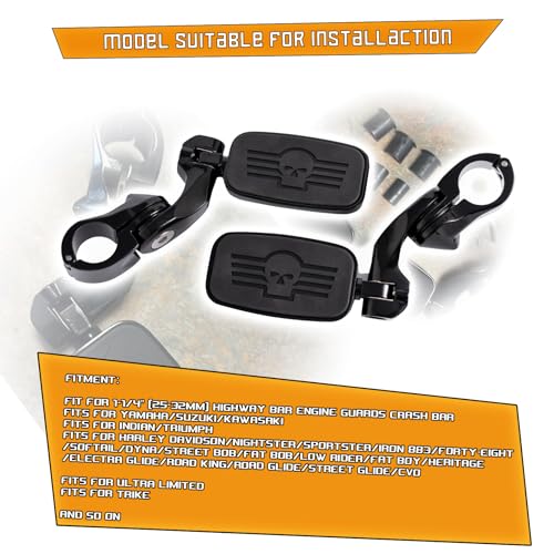 Kinglemc Highway Peg Footpeg Fit 1.25" Adjustable Engine Guard Crash Bar for Harley Davidson, Honda, Yamaha, Kawasaki, Suzuki, Indian, Triumph, Motorcycle(Black-Skull)