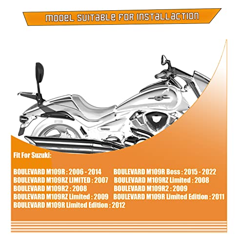 Kinglemc Powersports Sissy Bar with Backrest Luggage Rack for Suzuki Boulevard M109 R with Docking Hardware(Black,Non-Studded)