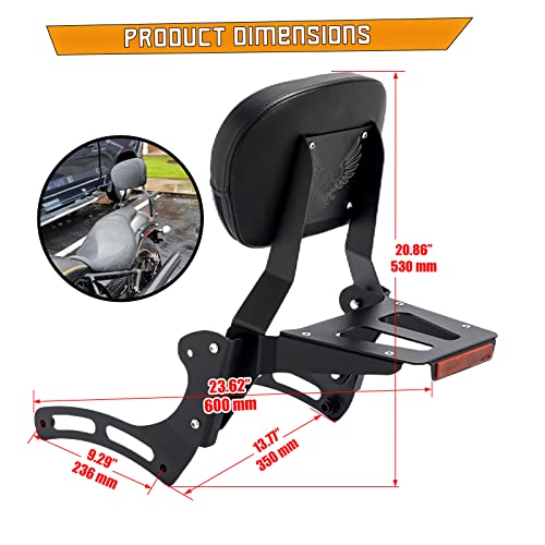 Kinglemc Powersports Sissy Bar with Backrest Luggage Rack for Kawasaki Vulcan VN 900 2000 Classic Custom 2009-21(Black,Non-Studded)