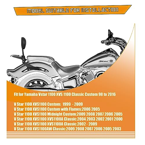 Kinglemc Powersports Sissy Bar with Backrest Luggage Rack for Yamaha Vstar 1100 XVS 1100 Classic Custom 1998 to 2016(Silver,Non-Studded)