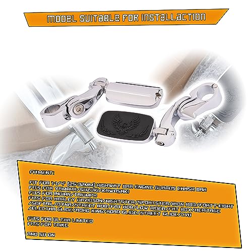 Kinglemc Highway Peg Footpeg Fit 1.25" Adjustable Engine Guard Crash Bar for Harley Davidson, Honda, Yamaha, Kawasaki, Suzuki, Triumph, Indian, Motorcycle (Silver)
