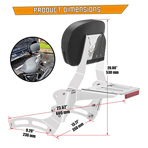 Kinglemc Powersports Sissy Bar with Backrest Luggage Rack for Kawasaki Vulcan VN 900 2000 Classic Custom 2009-21(Silver,Non-Studded)