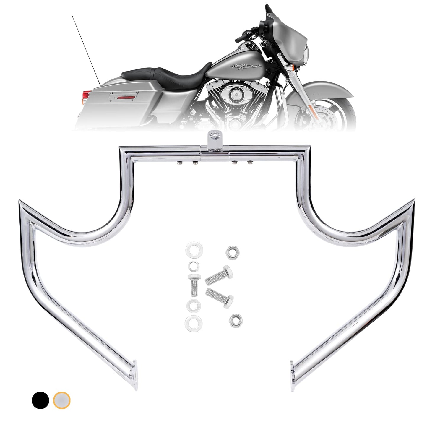 Kinglemc Crash Bar Engine Guard Highway Bar for Harley Davidson Touring Road Glide Road King Street Glide Electra Glide CVO and Trike Models 09-23 (Mustache Silver)