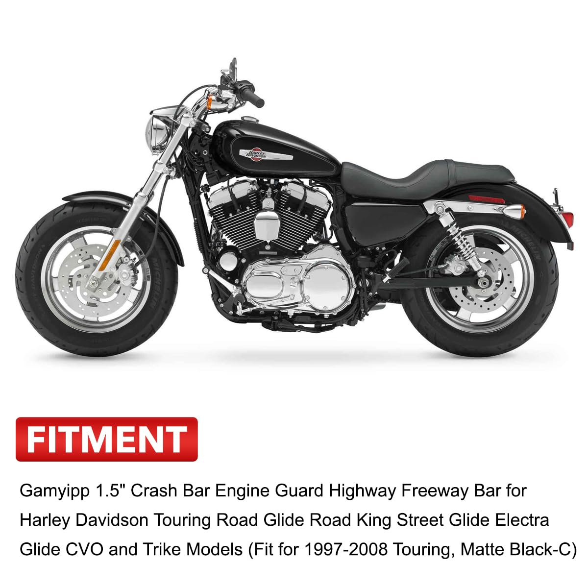 Gamyipp 1.5" Crash Bar Engine Guard Highway Freeway Bar for Harley Davidson Touring Road Glide Road King Street Glide Electra Glide CVO and Trike Models (Fit for 1997-2008 Touring, Matte Black-C)