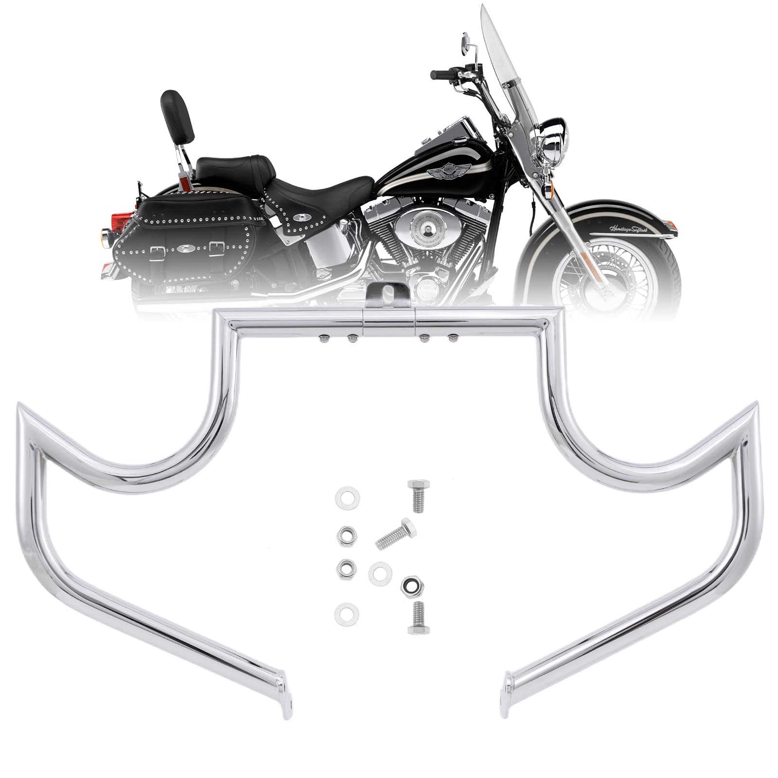 OUMURS Chrome And Black Engine Guard Crash Bar For Harley Heritage Softail Fatboy 2000-2017