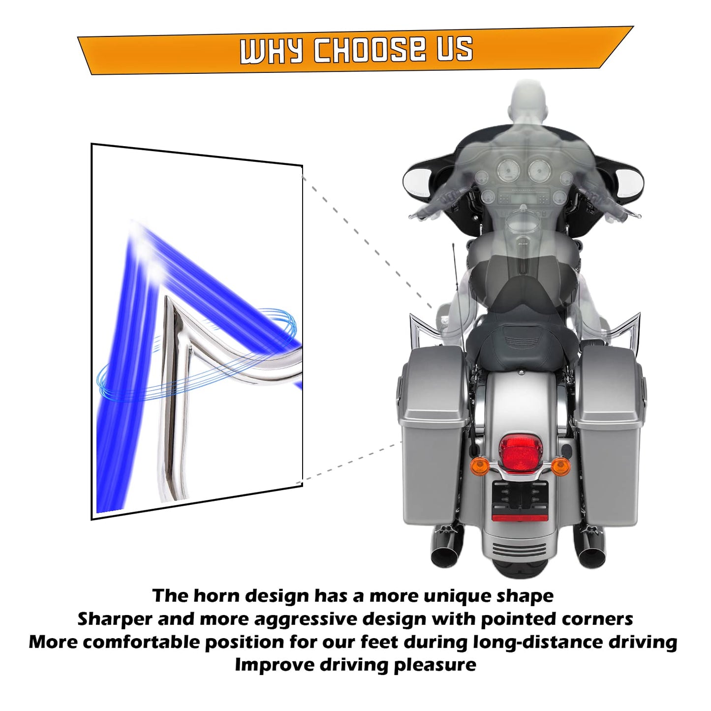 Kinglemc Crash Bar Engine Guard Highway Bar for Harley Davidson Touring Road Glide Road King Street Glide Electra Glide CVO and Trike Models 09-23 (Mustache Silver)