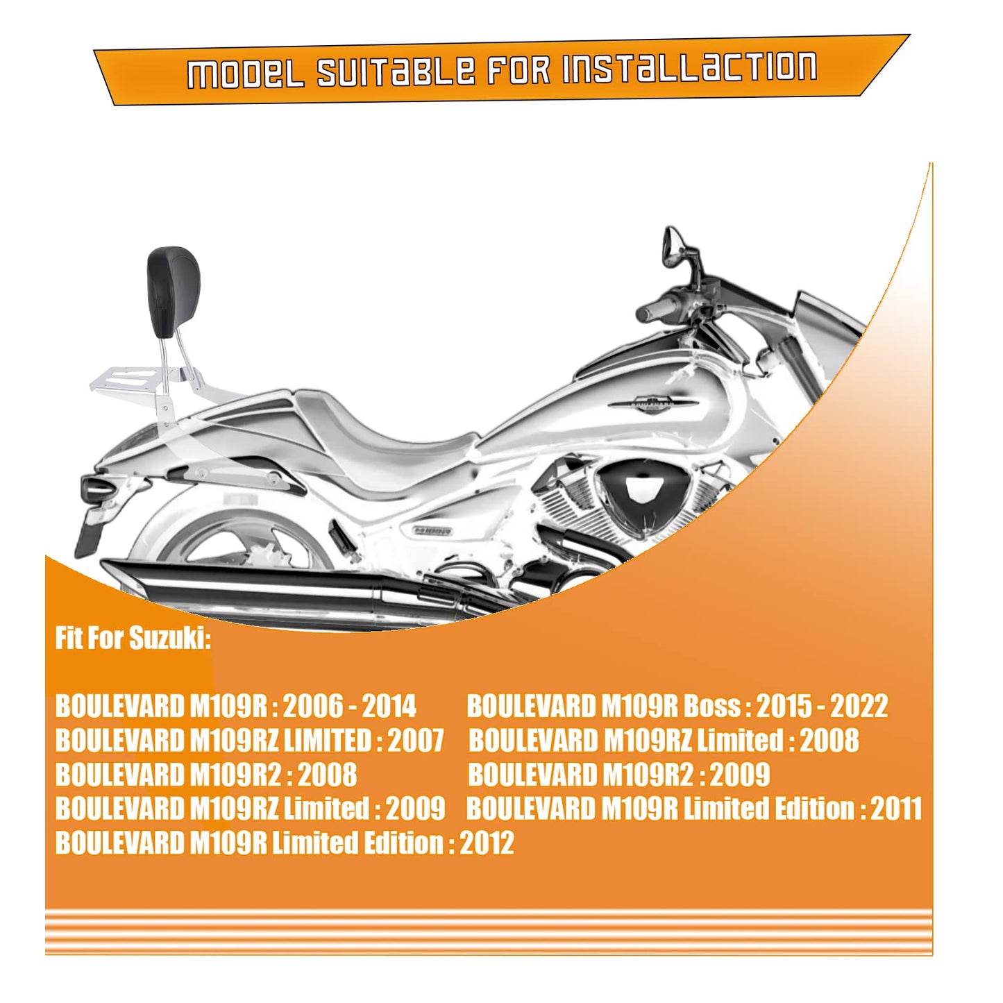 Kinglemc Powersports Sissy Bar with Backrest Luggage Rack for Suzuki Boulevard M109 R with Docking Hardware(Silver,Non-Studded)