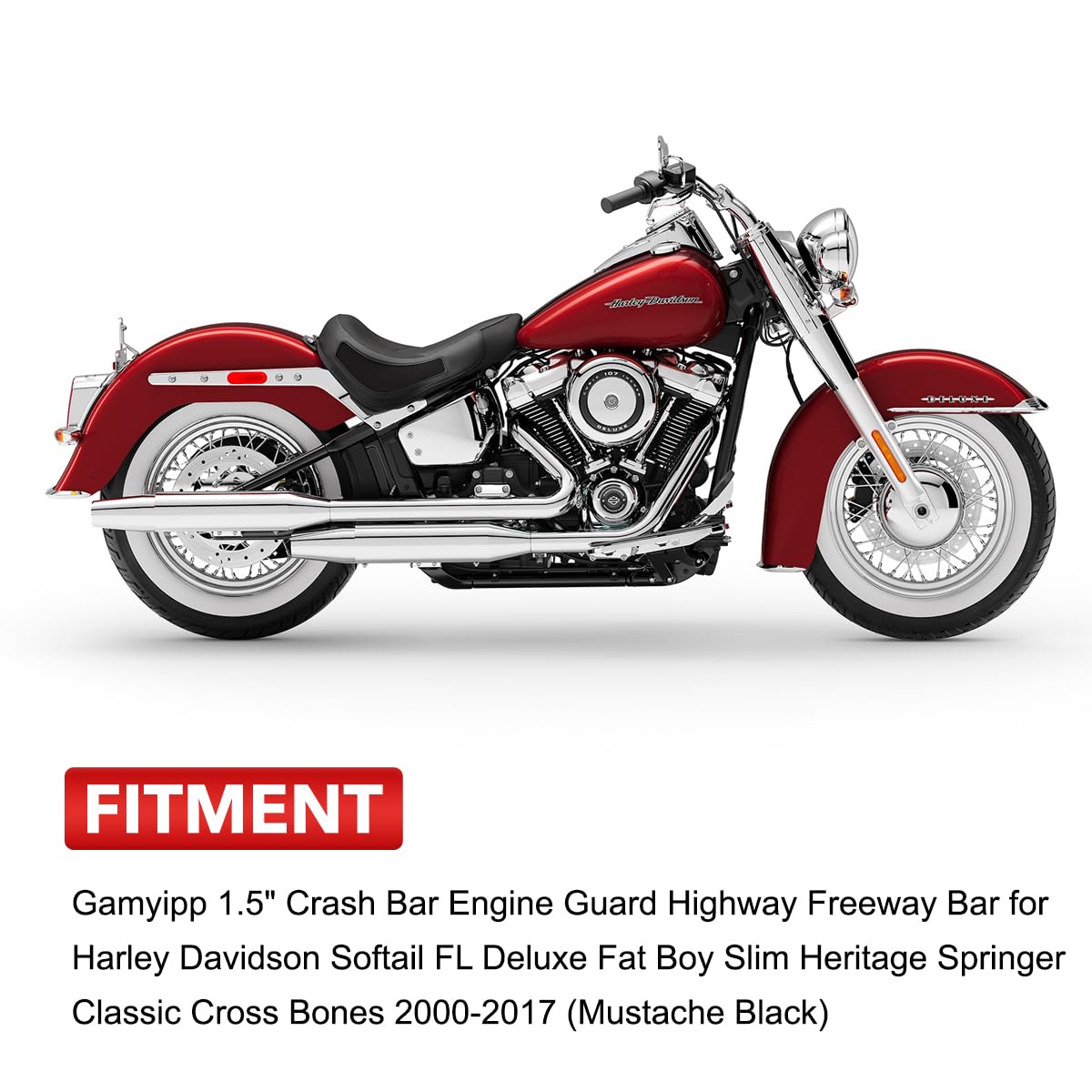 Gamyipp 1.5" Crash Bar Engine Guard Highway Freeway Bar for Harley Davidson Softail FL Deluxe Fat Boy Slim Heritage Springer Classic Cross Bones 2000-2017 (Mustache Black)