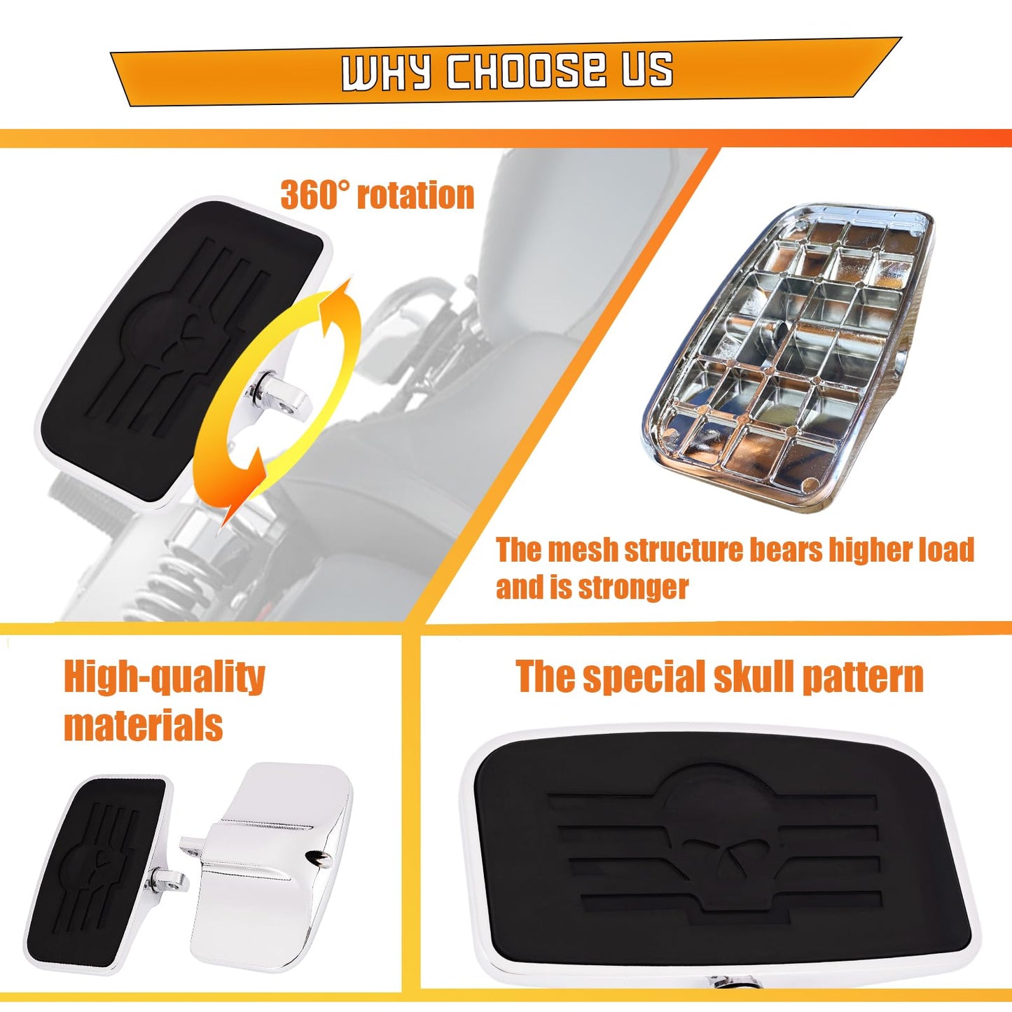 Kinglemc Front Rider Rear Passenger Position Floorboards Footboard Footpeg for Harley Dyna Touring Softail Sportster 883 1200 (Skull 7.9 * 4.5", Silver)