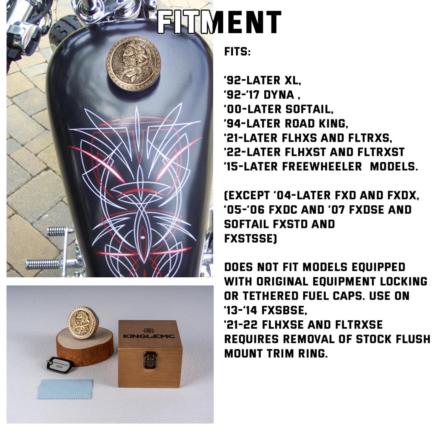 Kinglemc Skull Gas Cap Fuel Tank Cap for Harley Davidson Dyna Softail XL Road King Sportster 883 1200 Fatboy Fatbob Lowrider Breakout Bobber etc Harley Gifts for Man Women Dad (Brass-Skull)