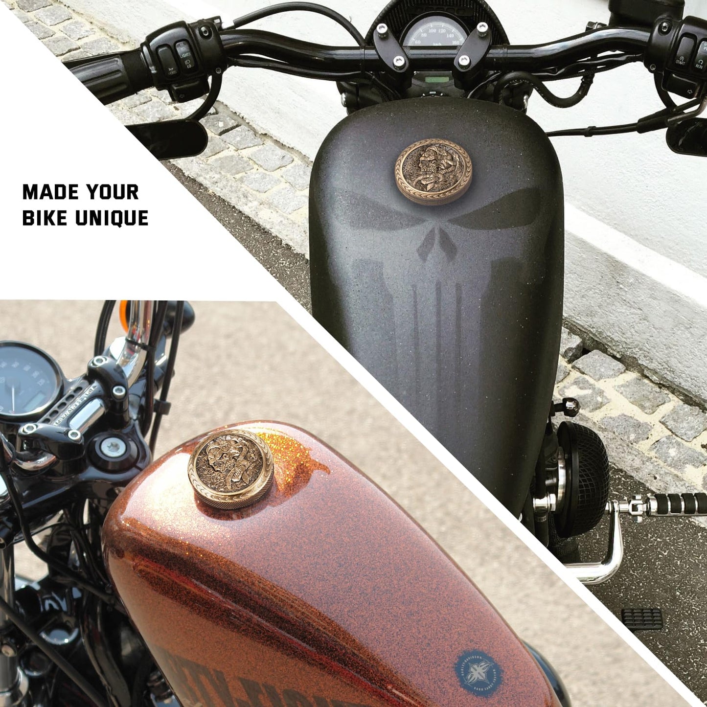Kinglemc Skull Gas Cap Fuel Tank Cap for Harley Davidson Dyna Softail XL Road King Sportster 883 1200 Fatboy Fatbob Lowrider Breakout Bobber etc Harley Gifts for Man Women Dad (Brass-Skull)