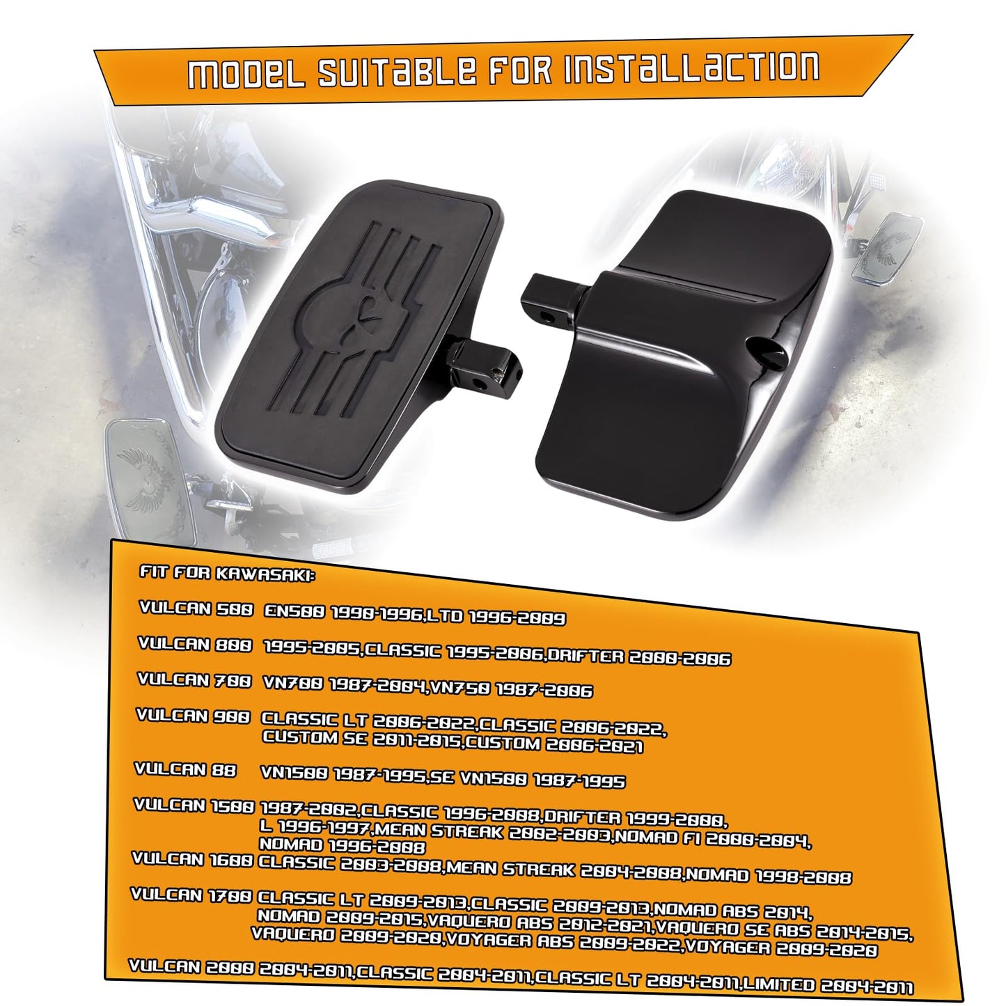 Kinglemc Chome Front Rear Rider Passenger Floorboard FootPeg for Kawasaki (Skull 7.9 * 4.5", Black)