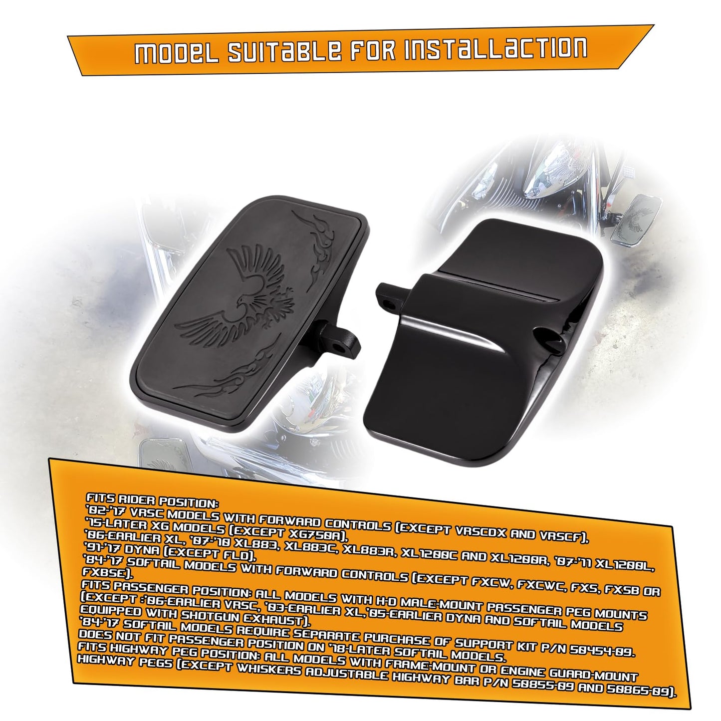 Kinglemc Front Rider Rear Passenger Position Floorboards Footboard Footpeg for Harley Dyna Touring Softail Sportster 883 1200 (Eagle 7.9 * 4.5", Black)