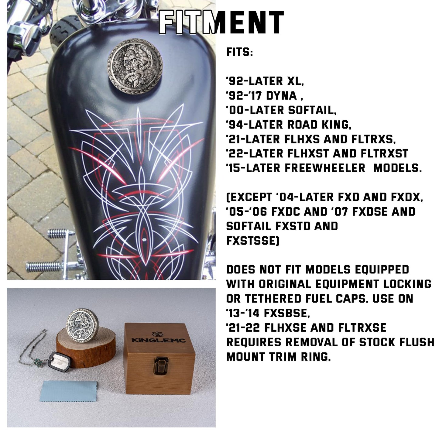 Kinglemc Skull Gas Cap Fuel Tank Cap for Harley Davidson Dyna Softail XL Road King Sportster 883 1200 Fatboy Fatbob Lowrider Breakout Bobber etc Harley Gifts for Man Women Dad (White Brass-Skull)