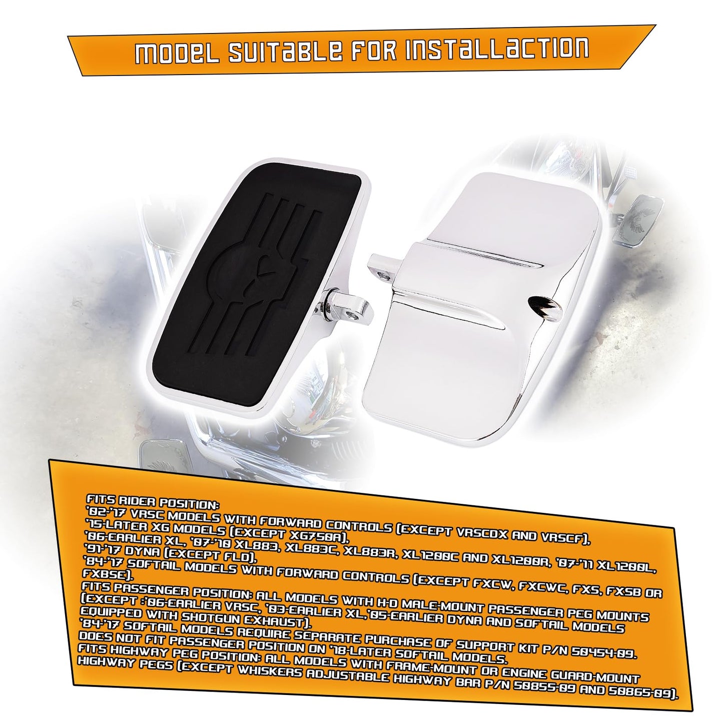 Kinglemc Front Rider Rear Passenger Position Floorboards Footboard Footpeg for Harley Dyna Touring Softail Sportster 883 1200 (Skull 7.9 * 4.5", Silver)