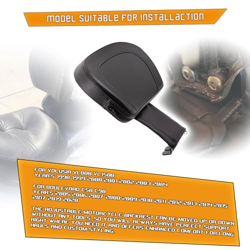 Kinglemc Adjustable Driver Rider Touring Backrest for VL1500 VL800 C50 C90 Suzuki Boulevard (Black-Nod-Studded)