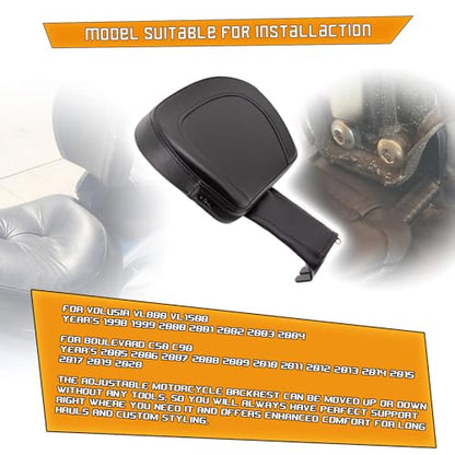 Kinglemc Adjustable Driver Rider Touring Backrest for VL1500 VL800 C50 C90 Suzuki Boulevard (Black-Nod-Studded)