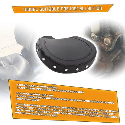 Kinglemc Adjustable Driver Rider Touring Backrest for VL1500 VL800 C50 C90 Suzuki Boulevard (Black-Studded)