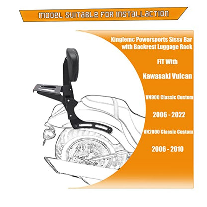 Kinglemc Powersports Sissy Bar with Backrest Luggage Rack for Kawasaki Vulcan VN 900 2000 Classic Custom 2009-21(Black,Non-Studded)