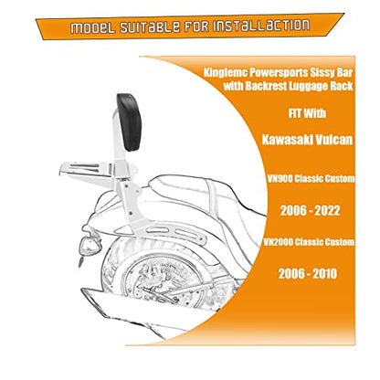 Kinglemc Powersports Sissy Bar with Backrest Luggage Rack for Kawasaki Vulcan VN 900 2000 Classic Custom 2009-21(Silver,Non-Studded)