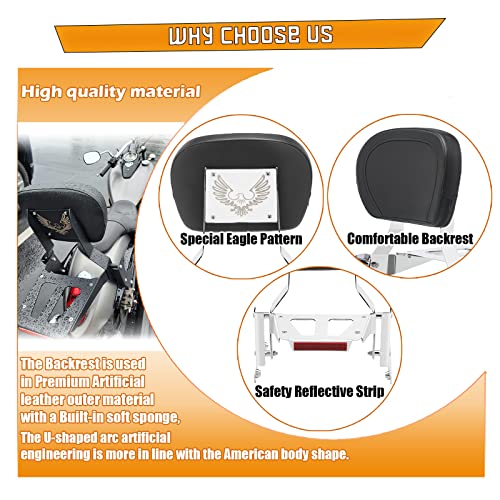 Kinglemc Powersports Sissy Bar with Backrest Luggage Rack for Kawasaki Vulcan VN 900 2000 Classic Custom 2009-21(Silver,Non-Studded)