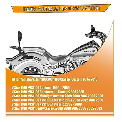 Kinglemc Powersports Sissy Bar with Backrest Luggage Rack for Yamaha Vstar 1100 XVS 1100 Classic Custom 1998 to 2016(Black,Non-Studded)