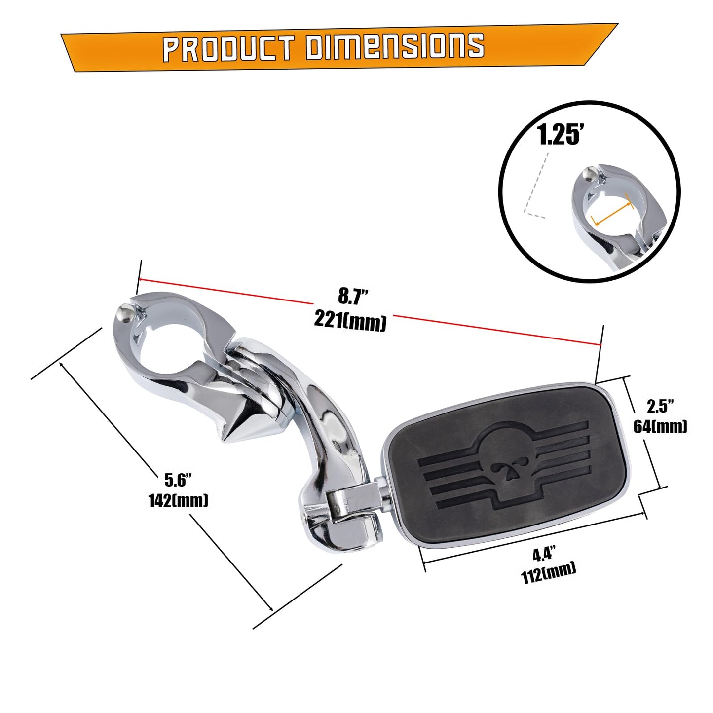 Kinglemc Highway Peg Footpeg Fit 1.25" Adjustable Engine Guard Crash Bar for Harley Davidson, Honda, Yamaha, Kawasaki, Suzuki, Indian, Triumph, Motorcycle(Silver-Skull)