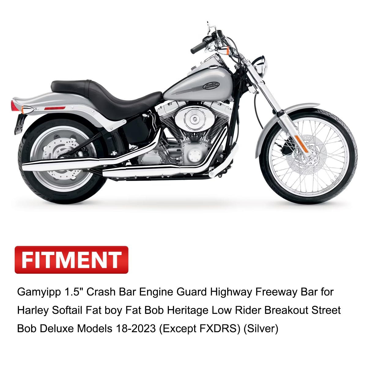 Gamyipp 1.5" Crash Bar Engine Guard Highway Freeway Bar for Harley Softail Fat boy Fat Bob Heritage Low Rider Breakout Street Bob Deluxe Models 18-2023 (Except FXDRS) (Silver)