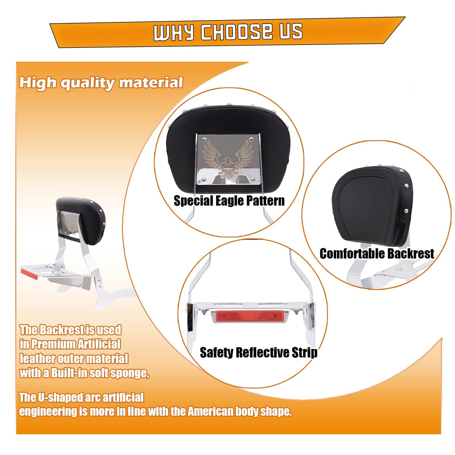 Kinglemc Powersports Sissy Bar with Backrest Luggage Rack for Yamaha Vstar 1100 XVS 1100 Classic Custom 1998 to 2016(Silver,Studded)