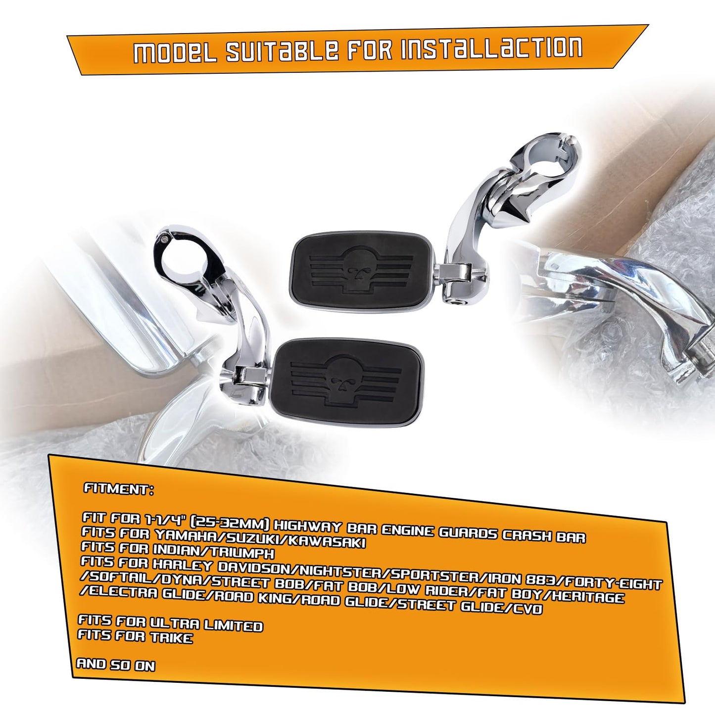 Kinglemc Highway Peg Footpeg Fit 1.25" Adjustable Engine Guard Crash Bar for Harley Davidson, Honda, Yamaha, Kawasaki, Suzuki, Indian, Triumph, Motorcycle(Silver-Skull)
