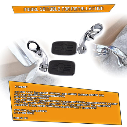 Kinglemc Highway Peg Footpeg Fit 1.25" Adjustable Engine Guard Crash Bar for Harley Davidson, Honda, Yamaha, Kawasaki, Suzuki, Indian, Triumph, Motorcycle(Silver-Skull)