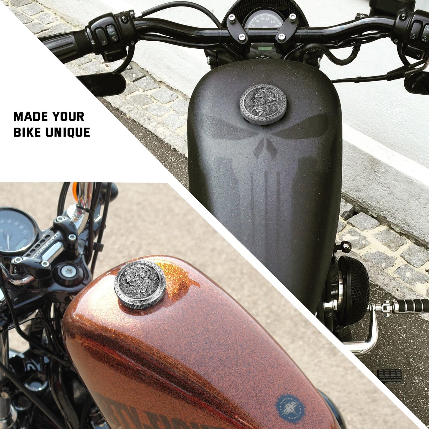 Kinglemc Skull Gas Cap Fuel Tank Cap for Harley Davidson Dyna Softail XL Road King Sportster 883 1200 Fatboy Fatbob Lowrider Breakout Bobber etc Harley Gifts for Man Women Dad (White Brass-Skull)